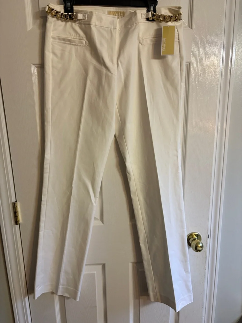 Michael Kors Cream Straight-Leg Pants with Gold Chain Details